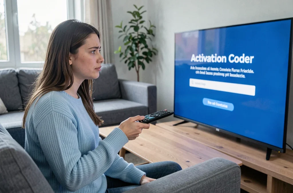 Femme tentant d'activer un appareil avec un code sur un écran de télévision connectée