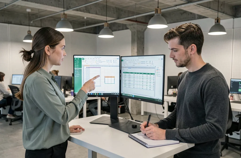 Deux collègues analysant une transposition de données dans Excel sur double écran dans un espace de coworking