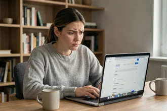 Jeune femme débutante explorant l'interface d'un site web sur son ordinateur portable dans un bureau minimaliste