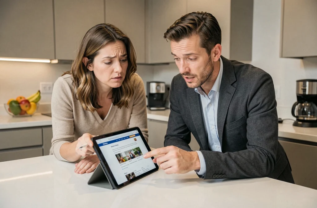 Deux adultes discutant des fonctionnalités et des limites d'un site web sur une tablette dans une cuisine moderne