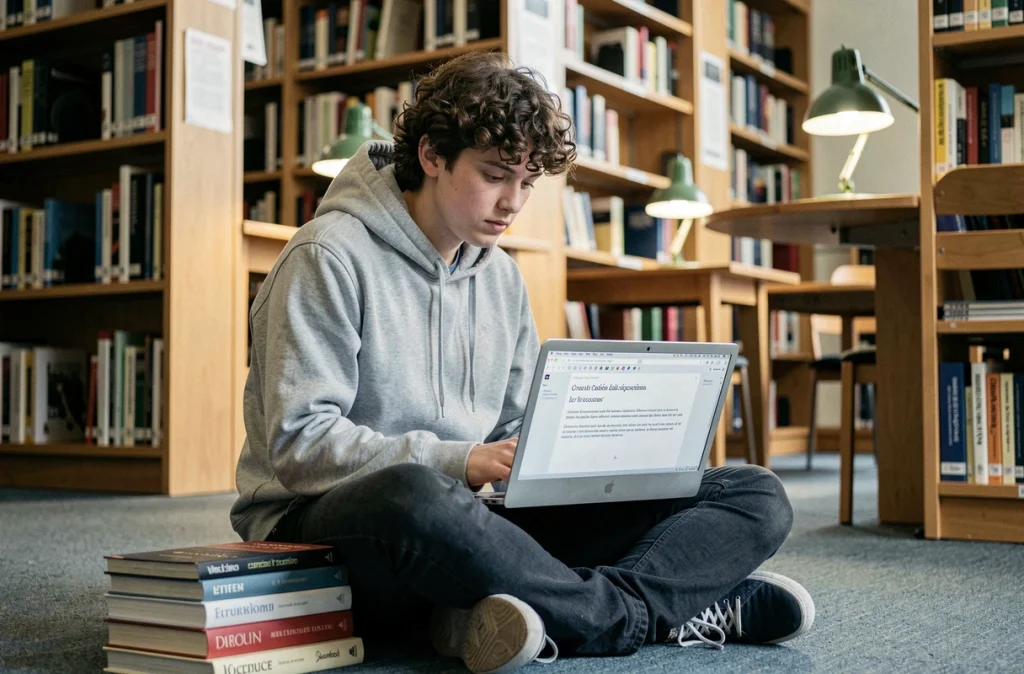Un étudiant francophone utilisant LanguageTool pour améliorer la rédaction de ses textes académiques en français dans une bibliothèque universitaire
