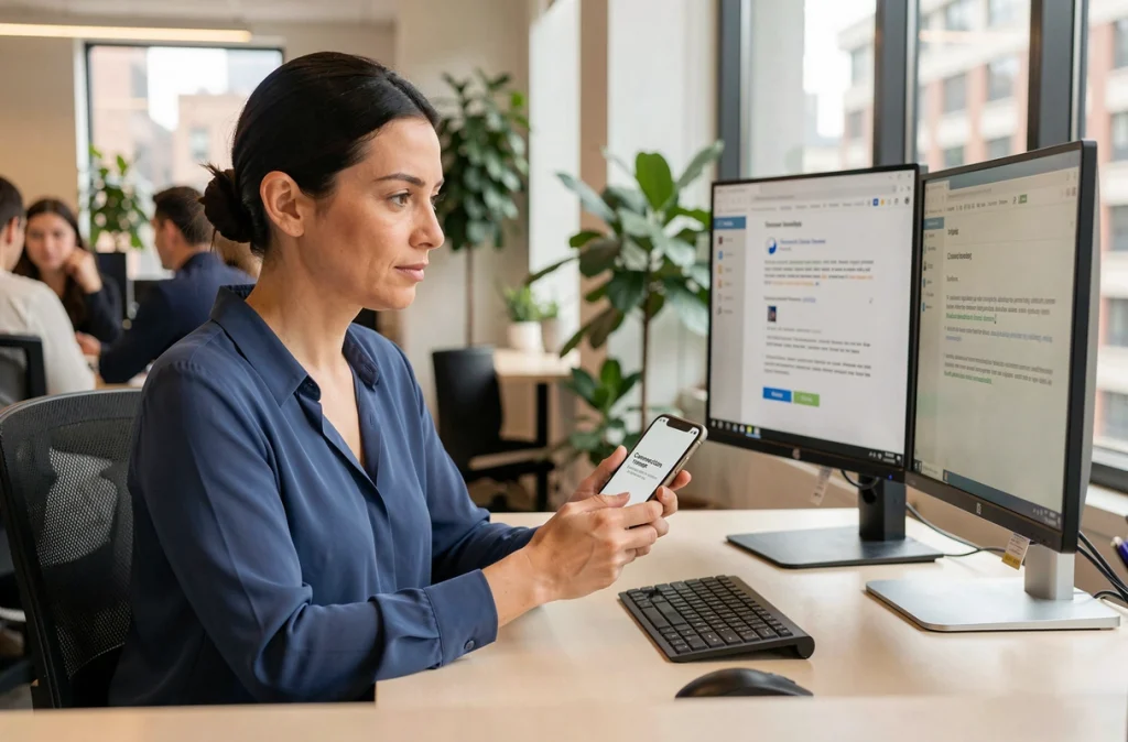 Femme au bureau consultant son téléphone face à un site web bloqué ou en panne