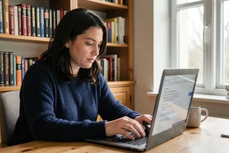 Une femme francophone utilisant l'extension LanguageTool sur son ordinateur portable pour corriger des fautes de grammaire et d'orthographe en français