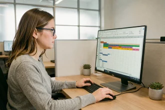 Femme concentrée travaillant sur Excel pour transposer des colonnes et lignes sur un grand écran de bureau