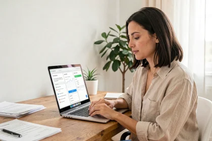 Femme utilisant l'interface Cuvitai en français sur un ordinateur portable dans un bureau moderne à domicile