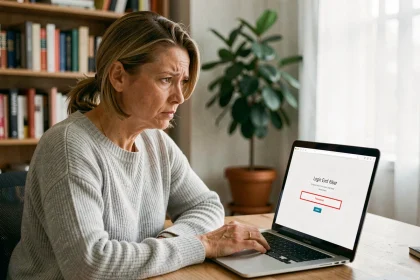 Femme frustrée devant un ordinateur portable affichant une erreur de mot de passe sur un webmail
