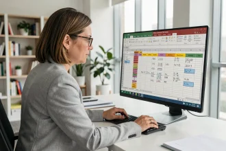 Femme utilisant une formule de soustraction Excel sur plusieurs feuilles de calcul dans un bureau moderne