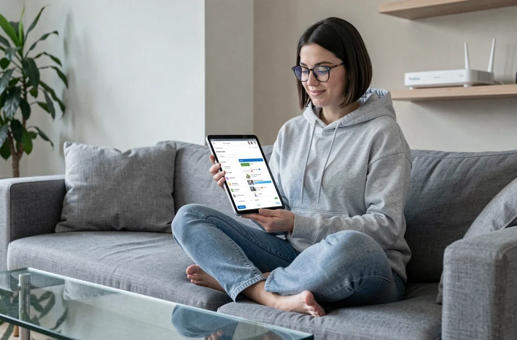 Femme gérant les appareils connectés à son réseau Wi-Fi Freebox depuis une tablette