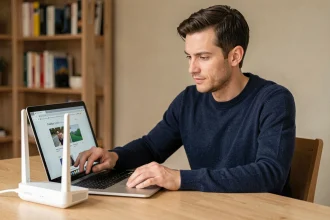Homme gérant sa Freebox depuis un ordinateur portable dans un bureau à domicile