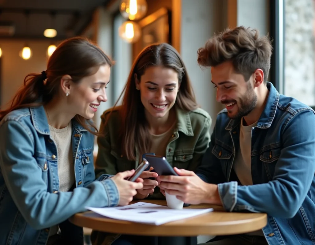 Groupe de personnes discutant des critères de gaming sur smartphones Android dans un café urbain