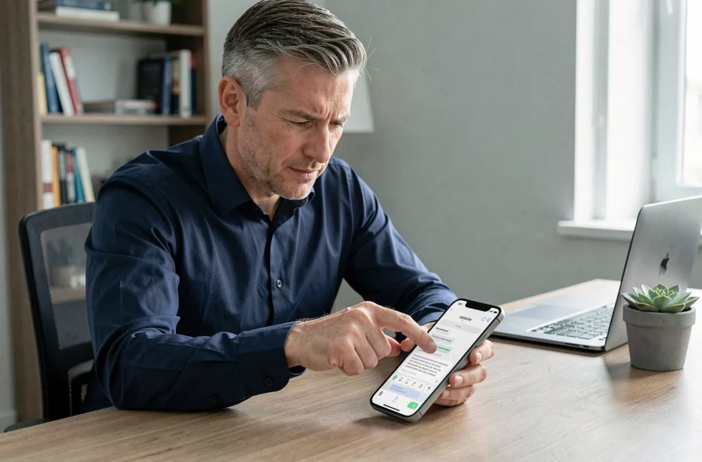 Homme au bureau consultant son iPhone pour retrouver la fonction presse-papier dans une application de texte