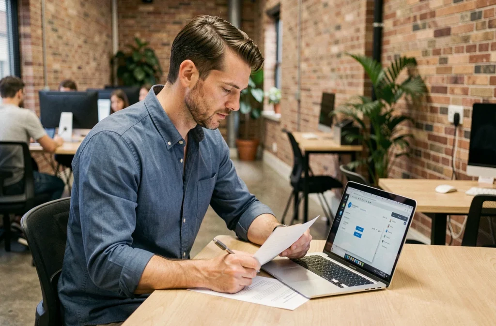 Homme consultant des notes et un tableau de bord web dans un espace de co-working moderne