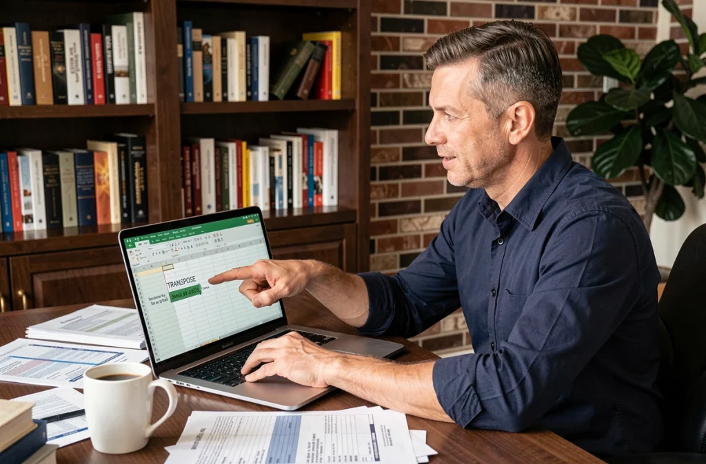 Homme utilisant la fonction TRANSPOSE dans Excel sur un ordinateur portable dans un bureau à domicile