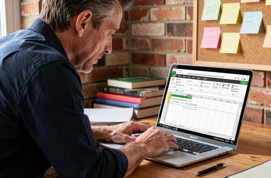 Homme travaillant sur une formule Excel de soustraction entre plusieurs feuilles dans un bureau à domicile
