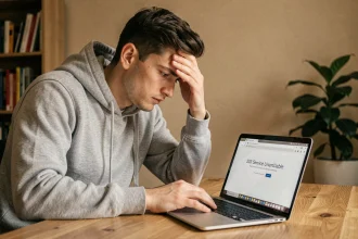 Homme frustré devant un écran d'ordinateur affichant une page d'erreur de site inaccessible