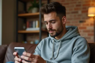 Jeune homme testant un jeu sur smartphone Android dans un appartement moderne, critères d'achat gaming mobile