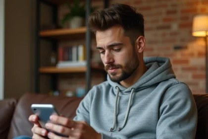 Jeune homme testant un jeu sur smartphone Android dans un appartement moderne, critères d'achat gaming mobile
