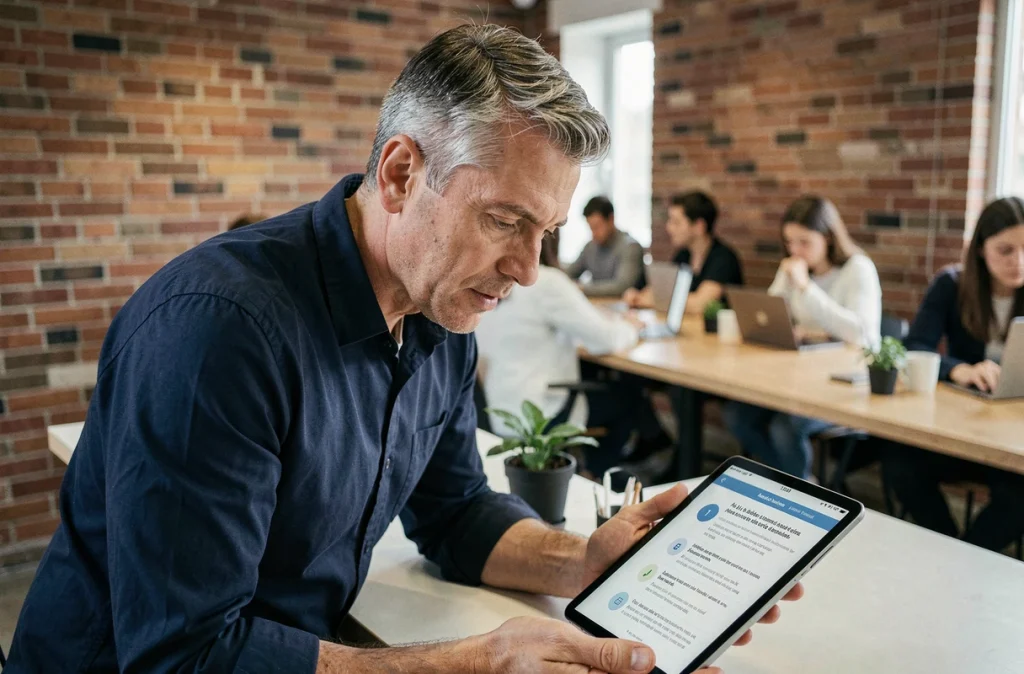 Homme consultant un guide pratique Cuvitai en français sur une tablette dans un espace de coworking