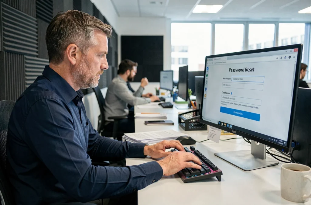 Homme au bureau réinitialisant son mot de passe sur un formulaire webmail en entreprise