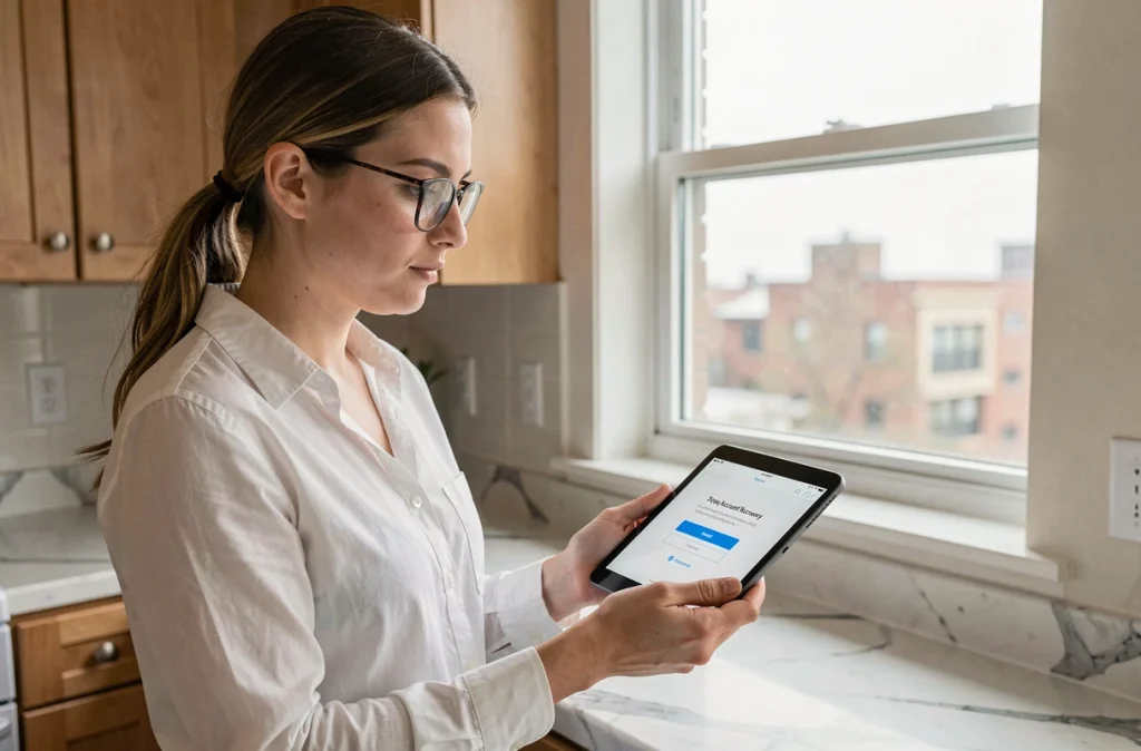 Jeune femme consultant un formulaire de récupération de compte webmail sur une tablette dans une cuisine