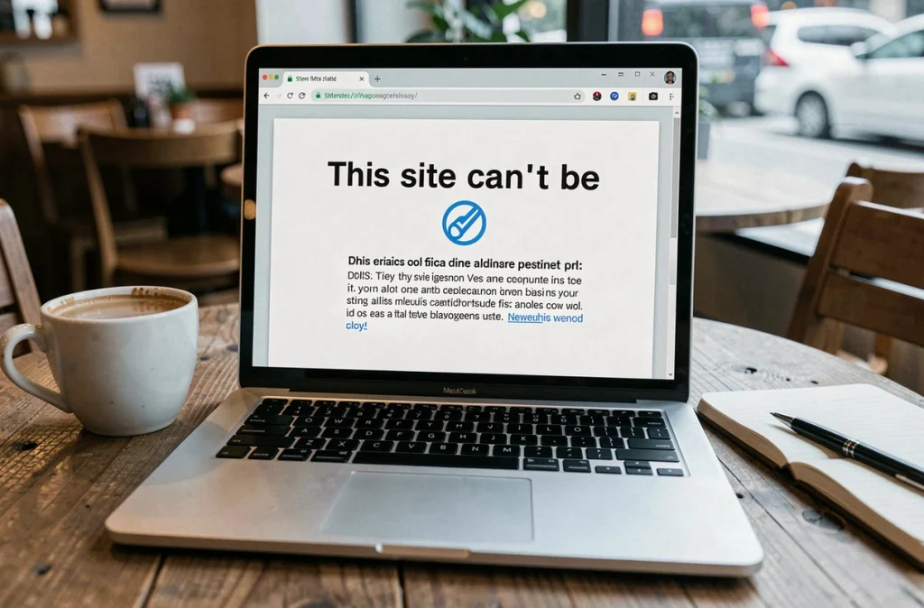 Écran d'ordinateur portable affichant une erreur DNS dans un café, site web inaccessible