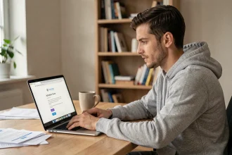 Homme résolvant un problème d'activation sur un site web depuis son bureau à domicile