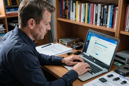 Professionnel informatique examinant attentivement un écran Windows avant d'installer un système d'exploitation téléchargé