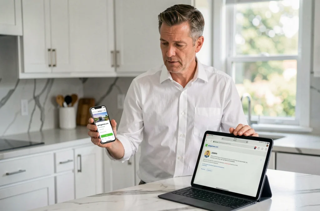 Homme utilisant un smartphone pour résoudre un problème d'activation de compte sur epicgames
