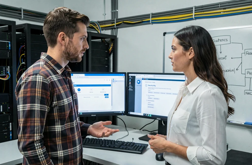 Deux techniciens informatiques vérifiant les précautions de sécurité avant une installation de Windows 7 en entreprise