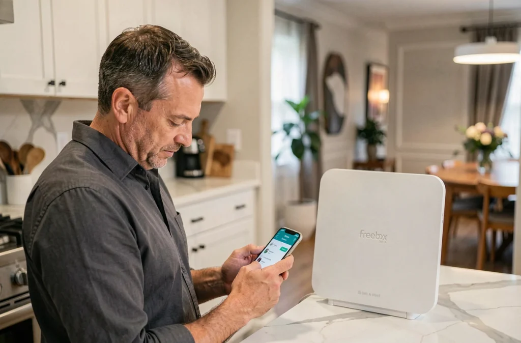 Homme consultant la gestion des téléchargements Freebox sur son smartphone dans une cuisine moderne