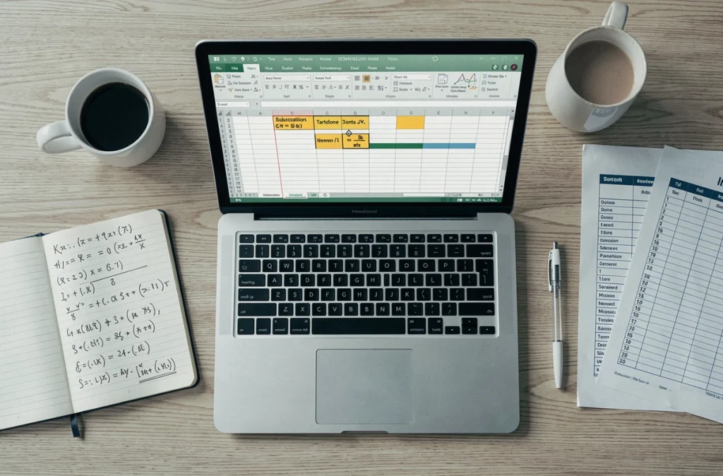 Vue de dessus d'un bureau avec un ordinateur portable affichant une formule de soustraction Excel sur plusieurs feuilles