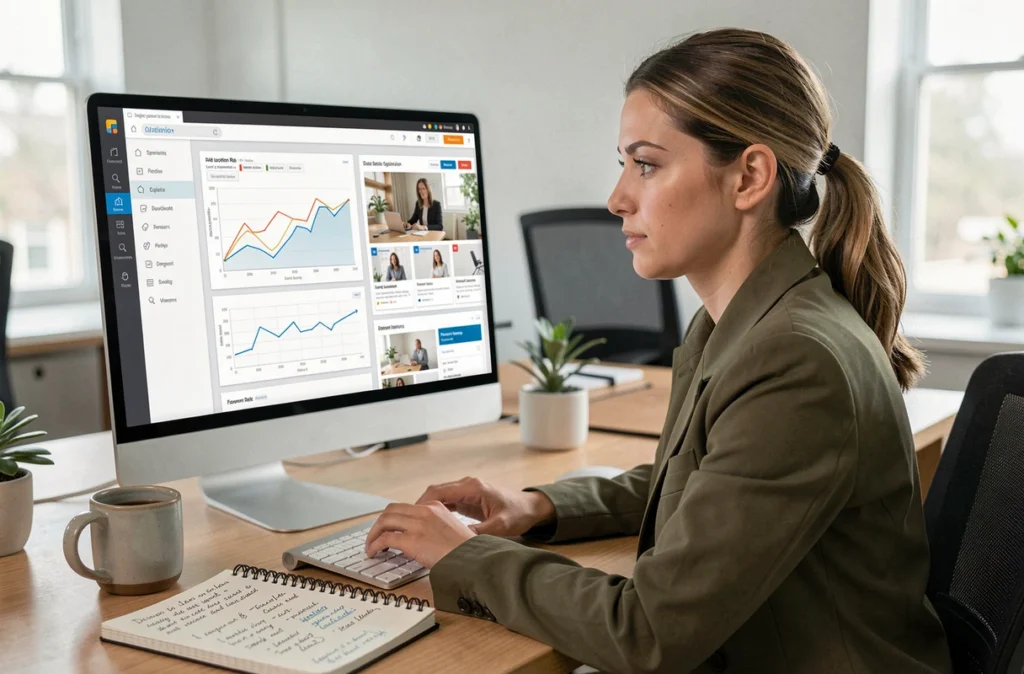 Spécialiste en optimisation de conversion de l'agence ConvertLab analysant des données de tests A/B sur un tableau de bord digital