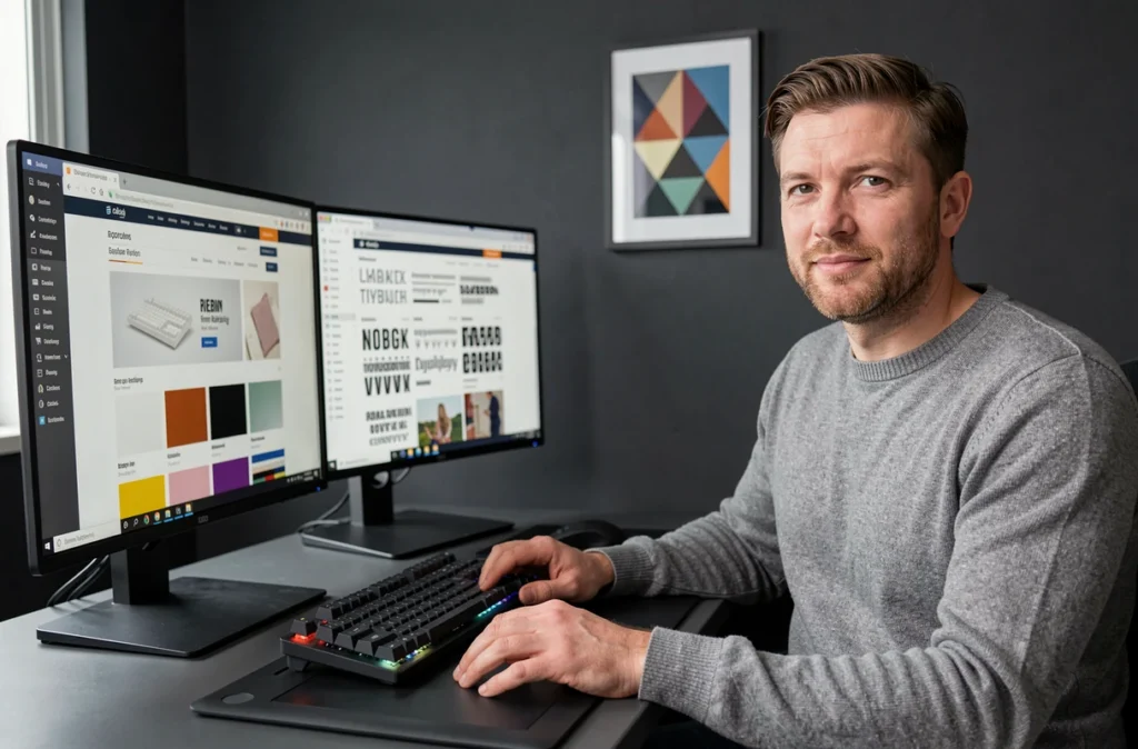 Designer UX de l'agence Definima travaillant sur la refonte d'un site e-commerce avec palette de couleurs