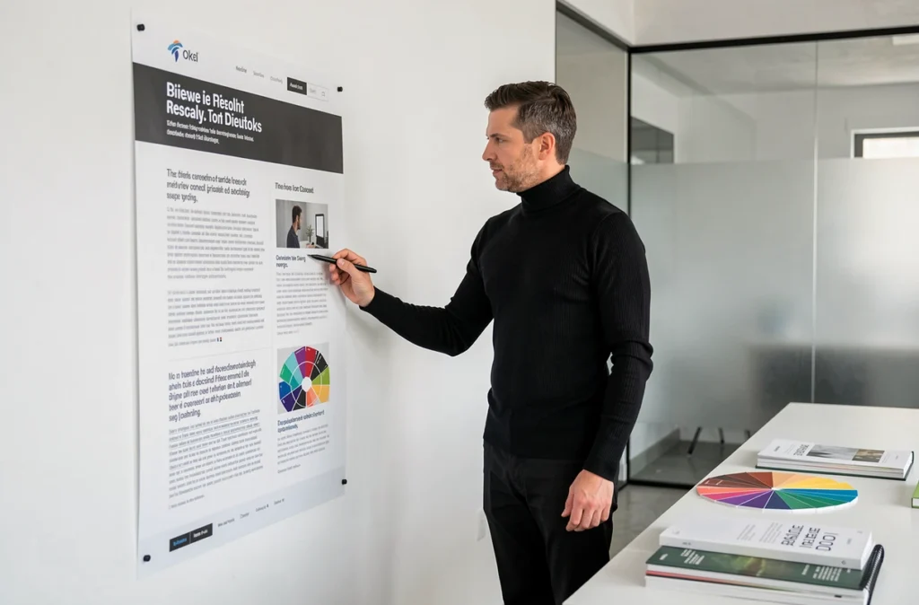 Directeur artistique de l'agence g.flo analysant la typographie d'une mise en page web imprimée dans un studio minimaliste