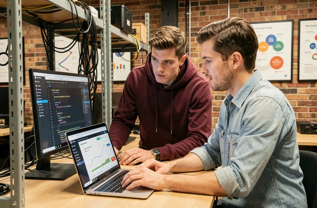Développeurs de l'agence Kwantic collaborant sur des données analytiques web dans un espace de travail technologique