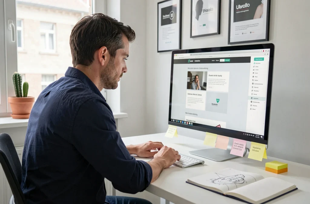 Designer web de l'agence Natural-net travaillant sur une interface de site web dans un bureau épuré