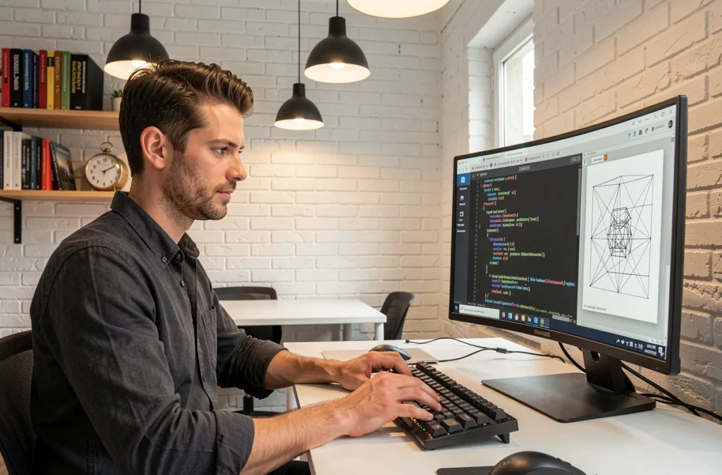 Développeur web de l'agence NEWP codant une interface web en HTML et CSS dans un espace de travail contemporain