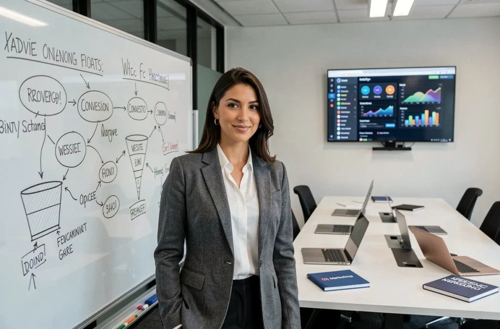Responsable de projet de l'agence THRIVE présentant une stratégie de webdesign dans une salle de réunion moderne