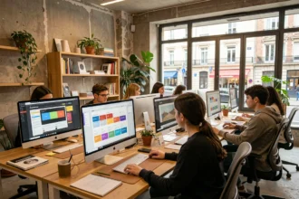 Vue panoramique d'une agence de webdesign moderne en Nouvelle-Aquitaine avec des professionnels travaillant sur des interfaces numériques
