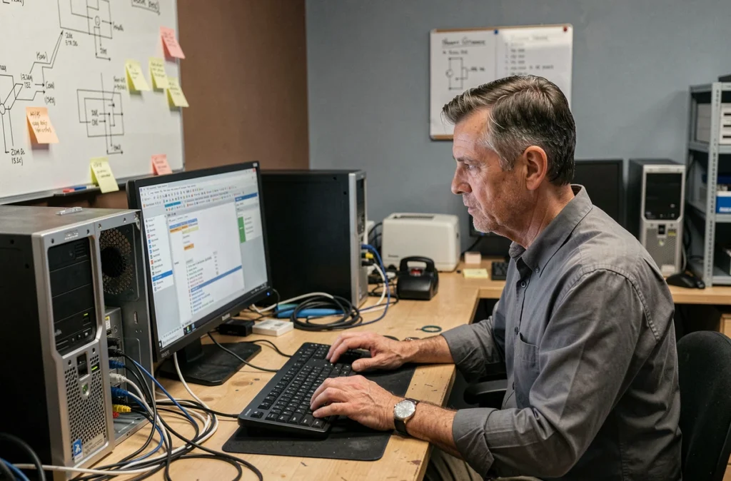 Technicien d'AK Informatique travaillant sur des ordinateurs de bureau dans un atelier parisien