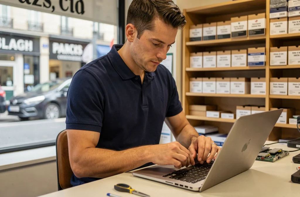 Technicien de L'Atelier du Portable réparant un ordinateur portable dans une boutique parisienne
