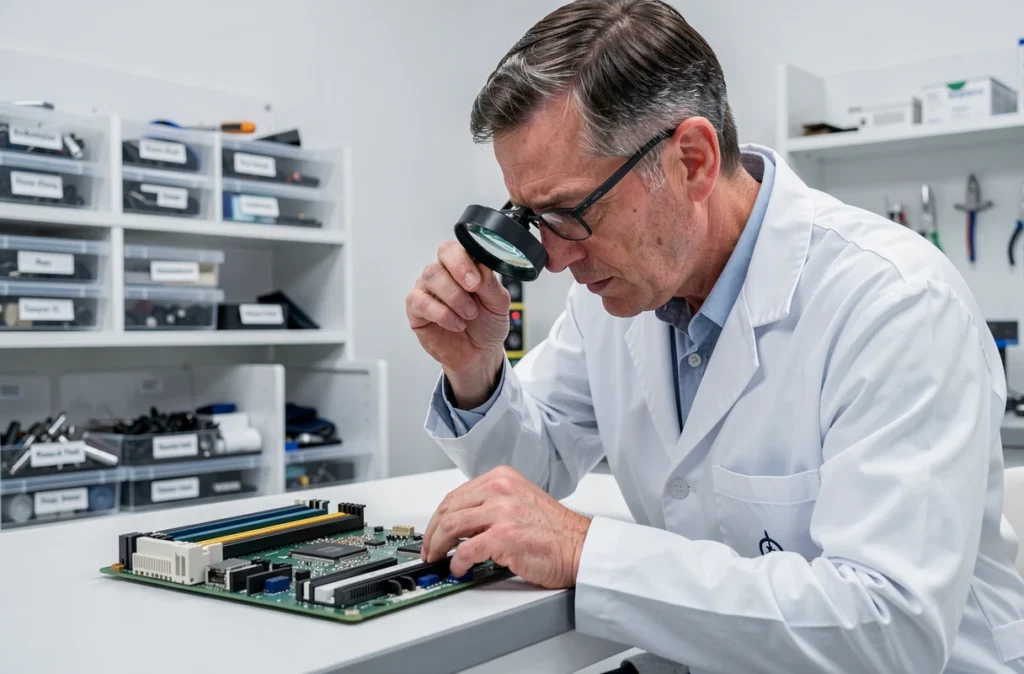 Technicien de la Clinique de l'Informatique inspectant une carte mère avec une loupe dans un espace de réparation clinique à Paris