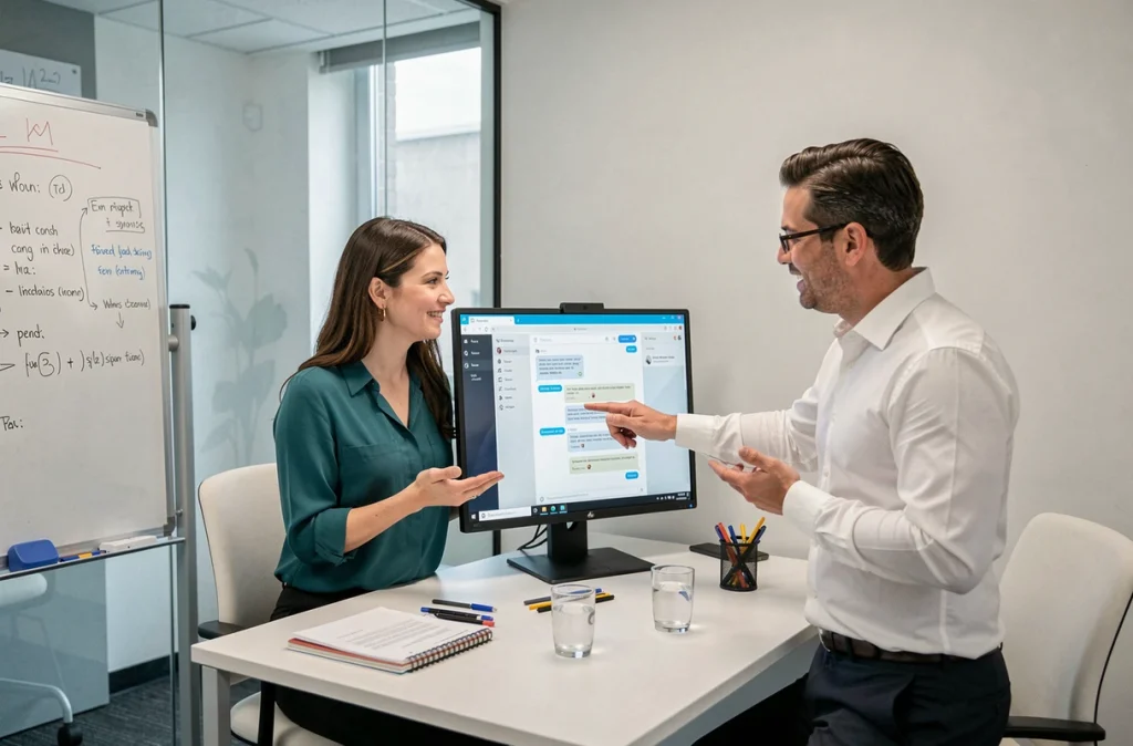 Deux collègues en salle de réunion cherchant une alternative de communication face à une panne de plateforme web