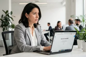 Femme professionnelle devant un ordinateur affichant une erreur de service web indisponible en open space