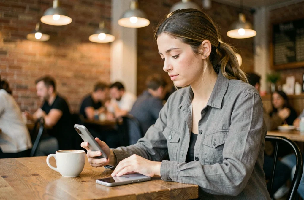 Femme dans un café vérifiant les mises à jour de son Google Pixel 6a posé sur une table en bois