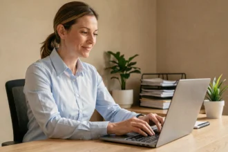 Femme professionnelle organisant sa messagerie électronique sur un ordinateur portable dans un bureau ordonné à Limoges