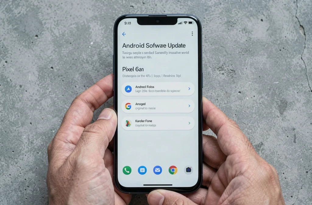 Gros plan d'un Google Pixel 6a affichant une notification de mise à jour Android sur une surface en béton