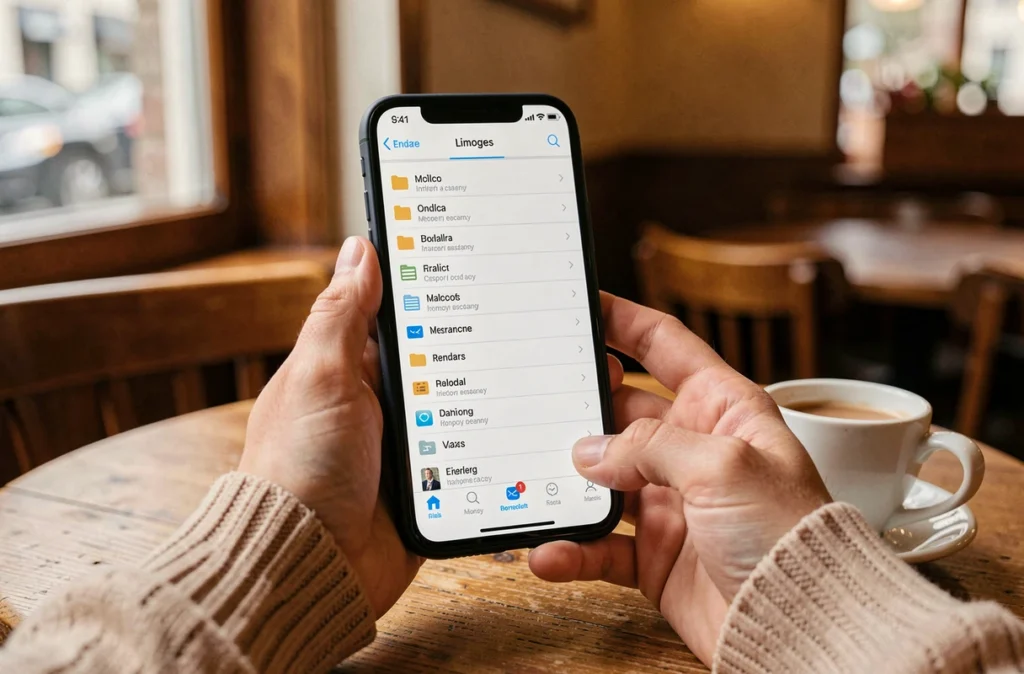 Gros plan sur un smartphone affichant une messagerie bien organisée posé sur une table de café à Limoges