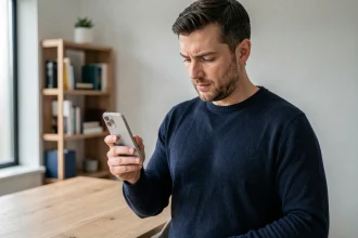 Homme tenant un Google Pixel 6a et consultant une mise à jour Android dans un bureau moderne