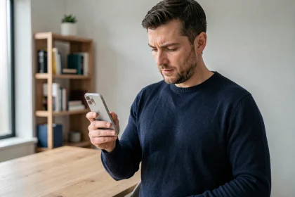 Homme tenant un Google Pixel 6a et consultant une mise à jour Android dans un bureau moderne